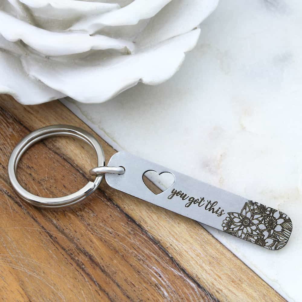 Engraved Flower And Heart Key Ring