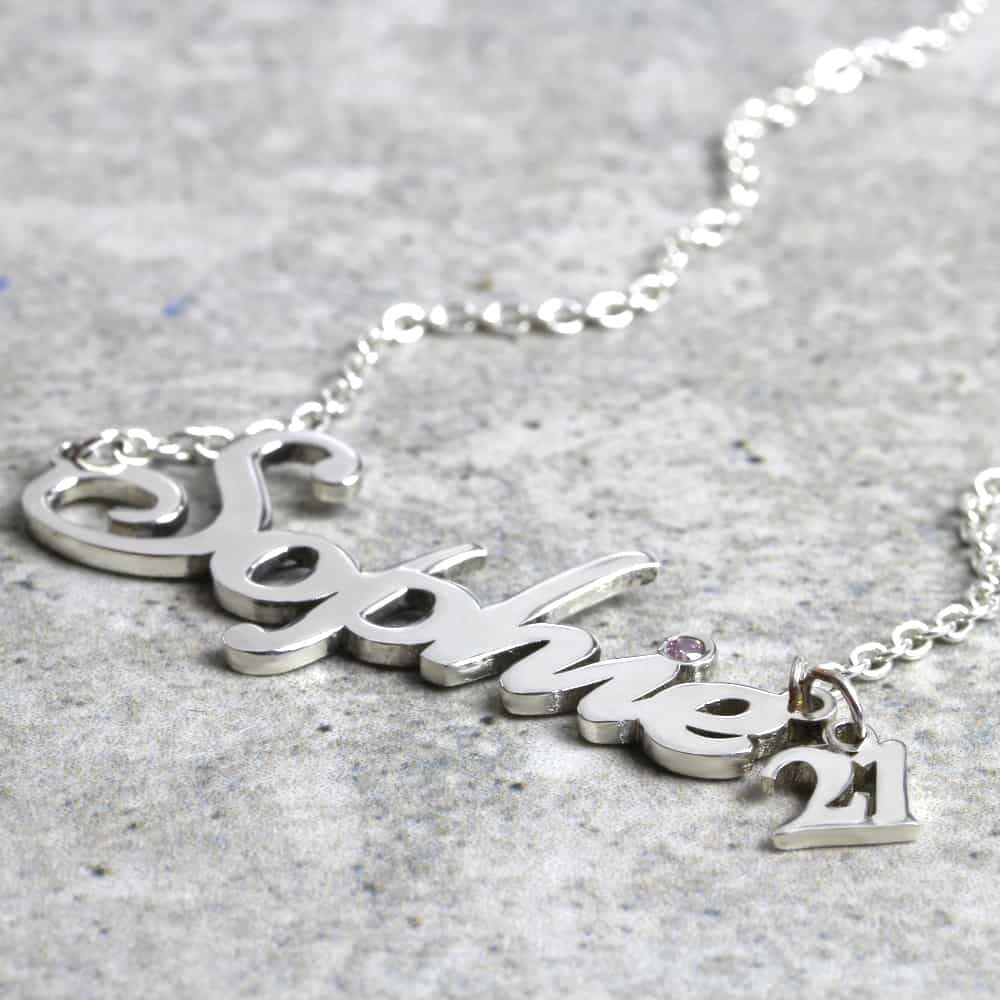 925 Sterling Silver Number & Birthstone Name Necklace