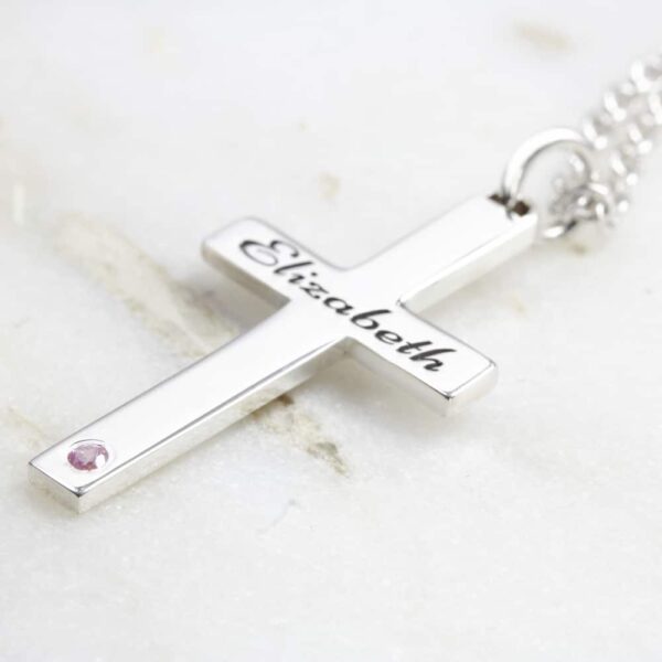 Engraved Cross & Birthstone Necklace