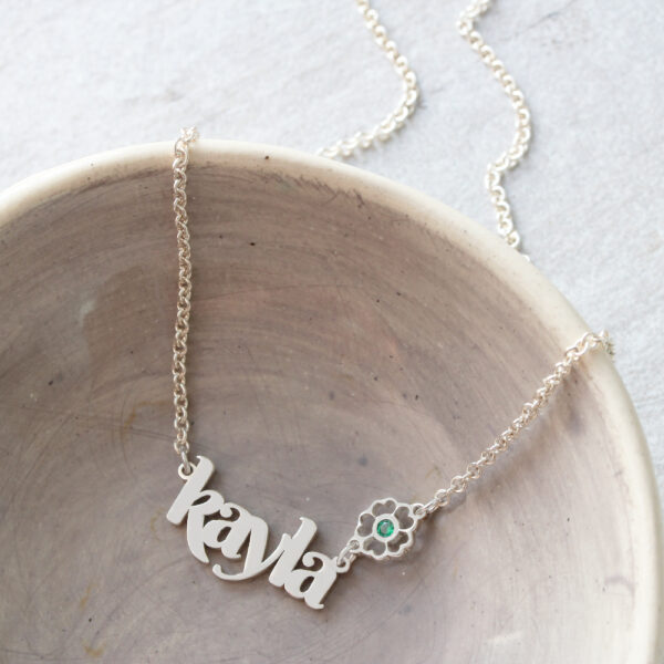 engraved name flower connector necklace