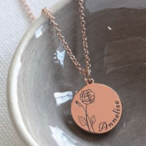 Birth Flower Engraved Coin Necklace