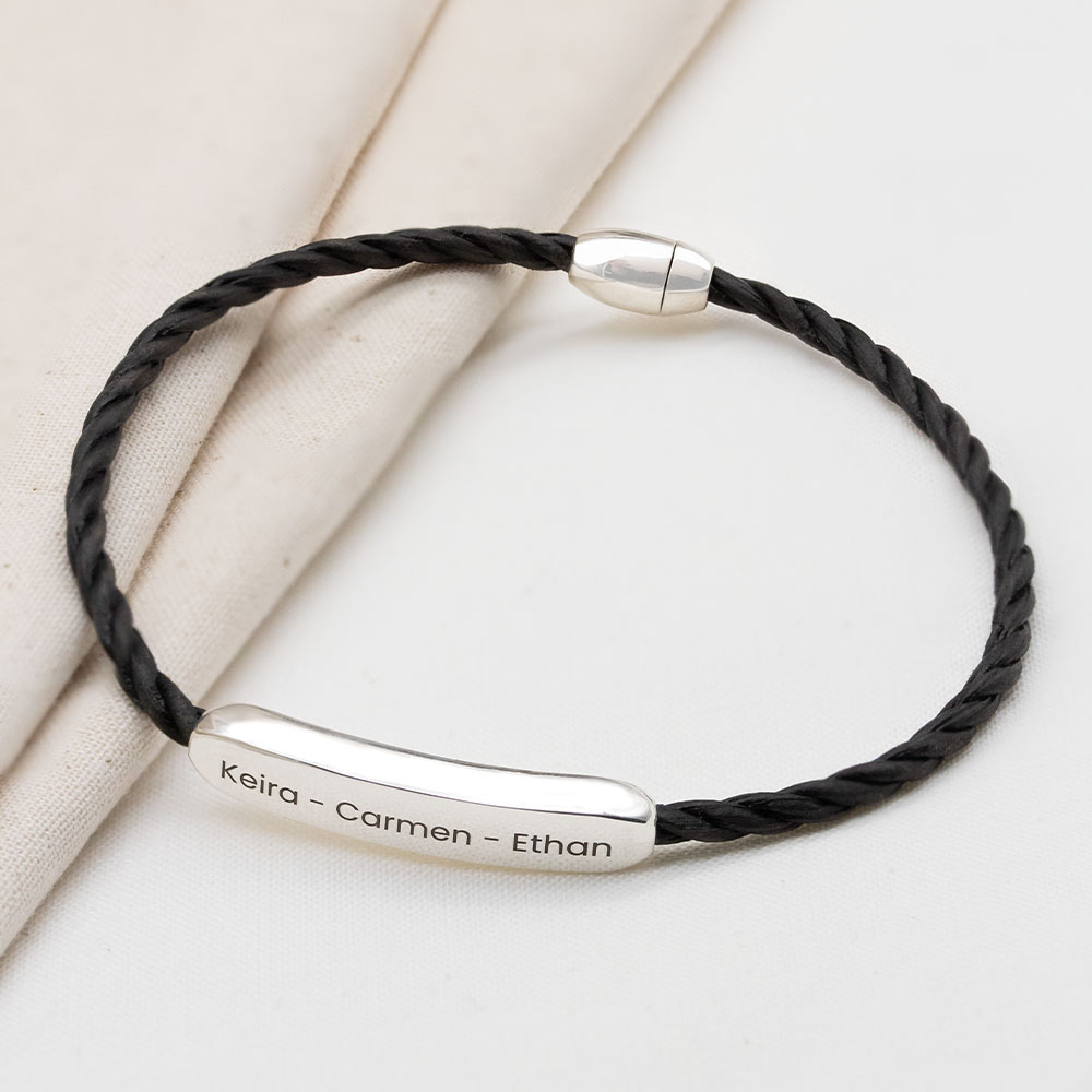 Leather Engraved Bar Bracelet For Men By Silvery Jewellery