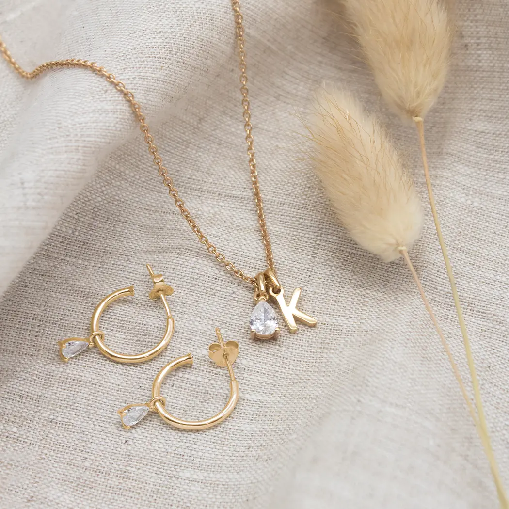 Initial Teardrop Birthstone Necklace & Teardrop Birthstone Huggie Hoop Earrings - Image 2