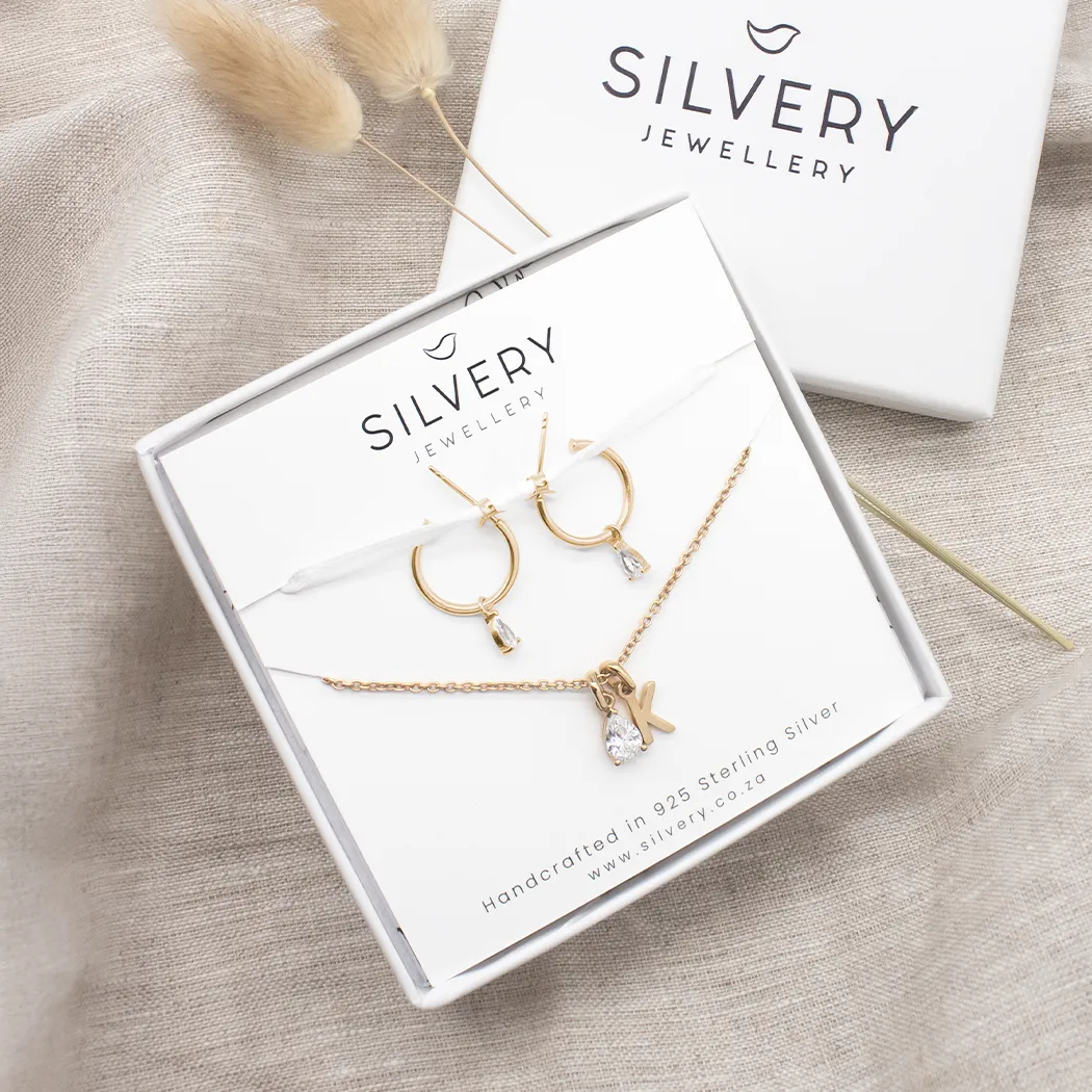 Initial Teardrop Birthstone Necklace & Teardrop Birthstone Huggie Hoop Earrings - Image 3