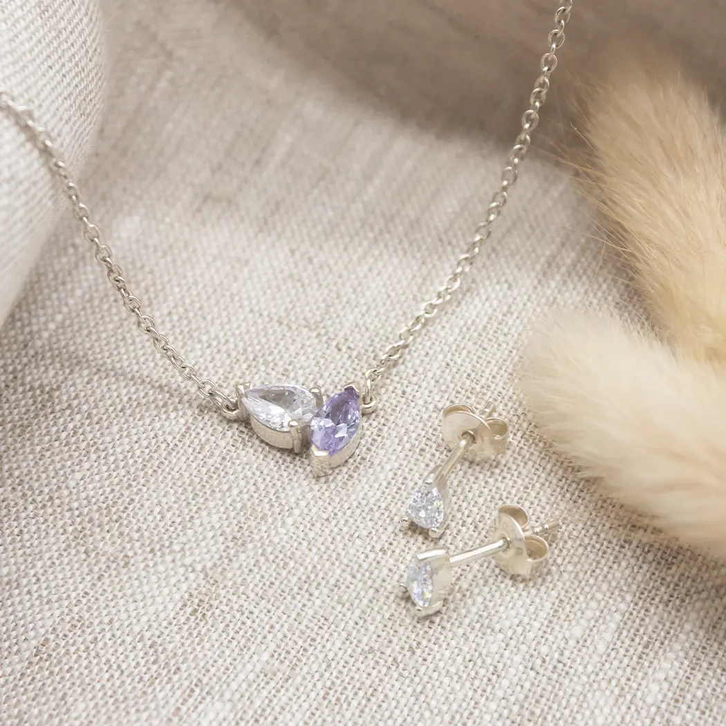 You & Me Birthstones Necklace & Dainty Teardrop Birthstone Stud Earrings - Image 2