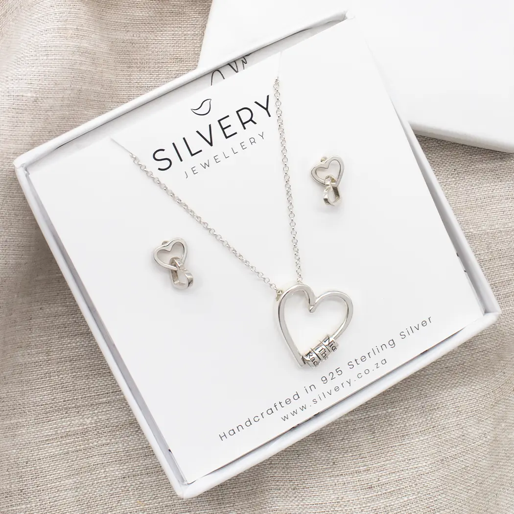 Engraved Family Heart Necklace & Interlinked Open Heart Stud Earrings